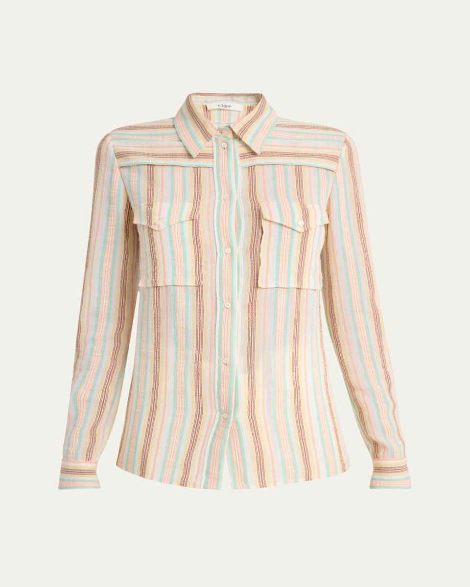 Button-Down Striped Crepon Cotton Blouse